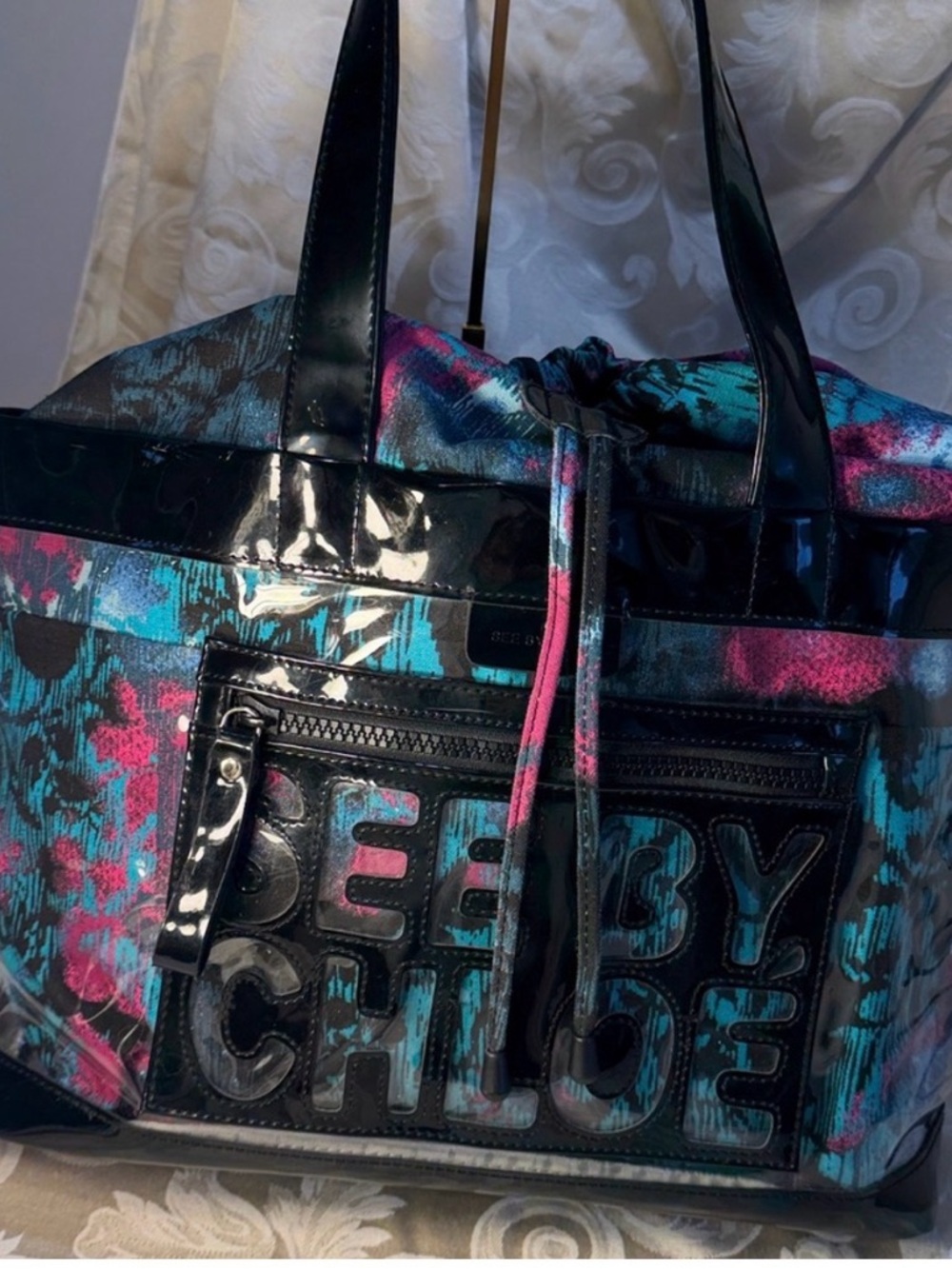 SEE BY CHLOE EUC VINTAGE TOTE W/ LINER 37”x43”x17” Teal, black&pink graffiti